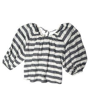 Coastal preppy‎ linen blend Striped Black and ivory pullover blouson Top Medium